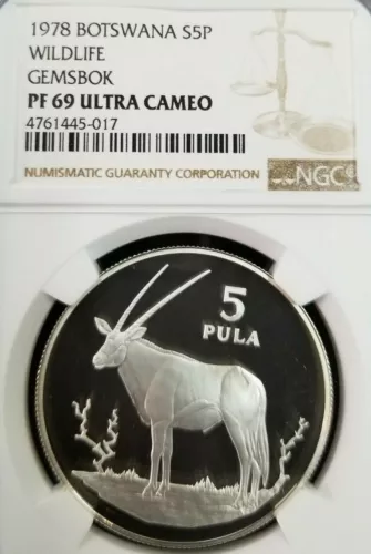 1978 BOTSWANA SILVER 5 PULA S5P WILDLIFE GEMSBOK NGC PF 69 ULTRA CAMEO TOP POP