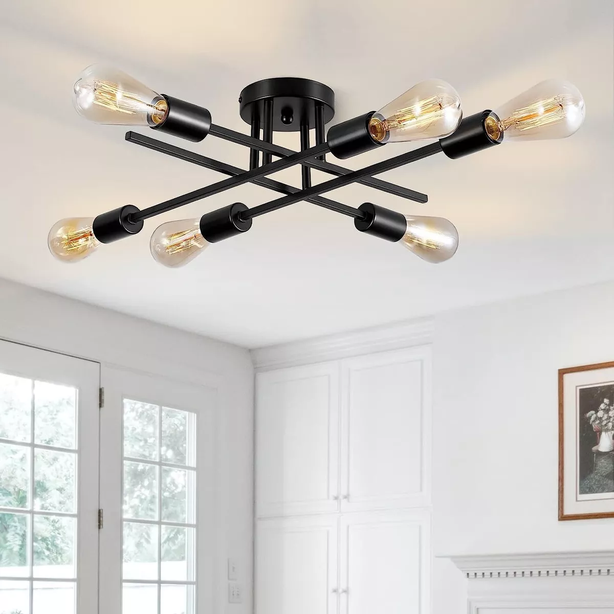 BrkNit Semi Flush Mount Ceiling Light Fixture 6 Light Black Farmhouse Sputnik C