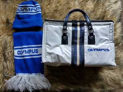 Rare Olympus Vintage Camera Cooler Bag Shoulder Blue Scarf And Hat Logo Brand