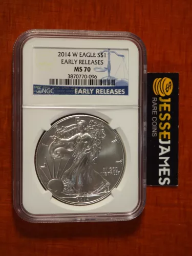 2014 W BURNISHED SILVER EAGLE NGC MS70 EARLY RELEASES BLUE LABEL