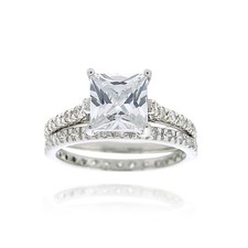 Sterling Silver Square CZ Bridal Engagement Ring Set