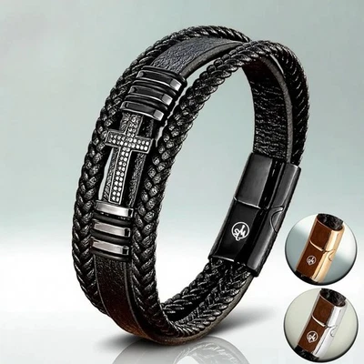 Bracelet pour hommes WseSto cuir acier inoxydable fermeture magnétique... - Photo 1/4