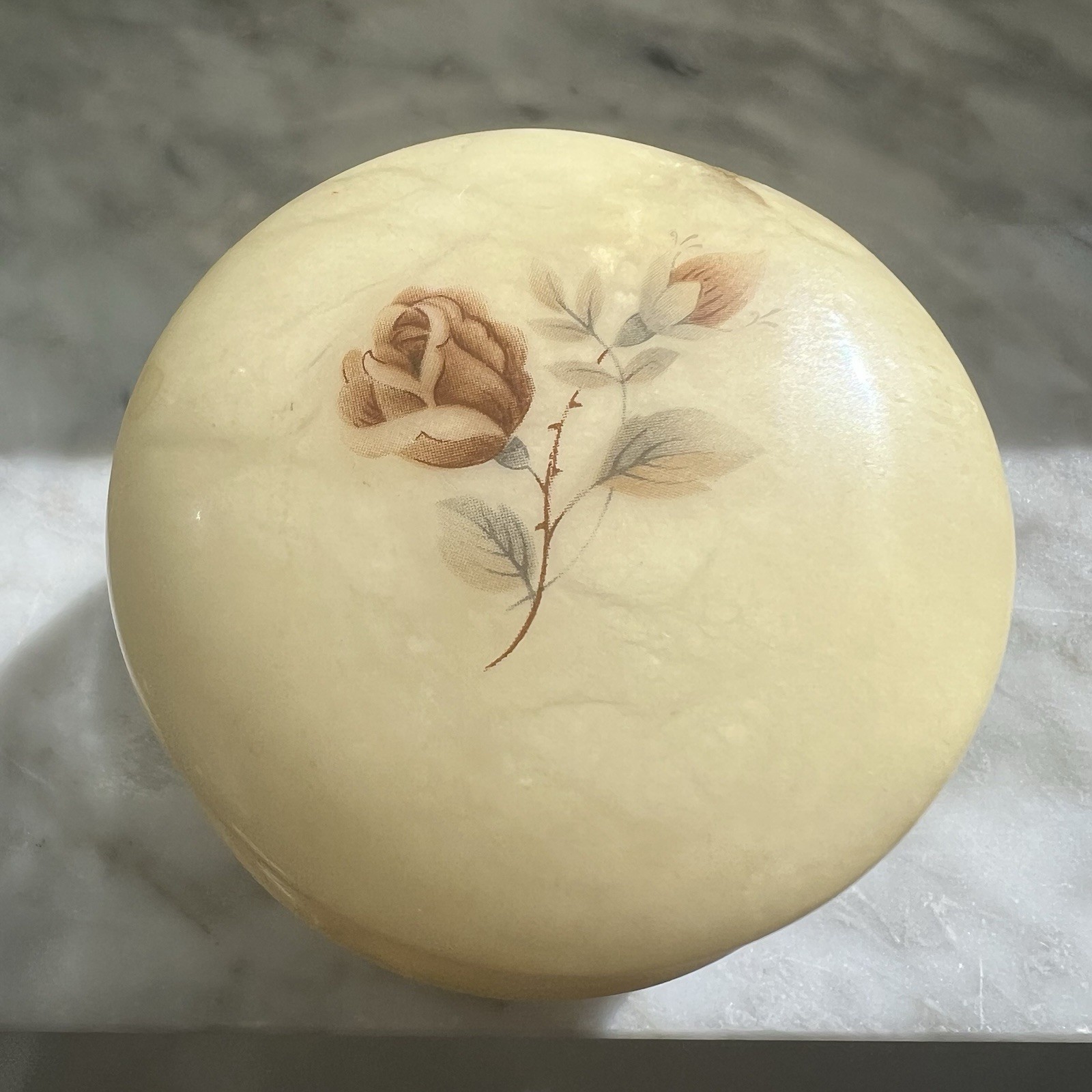 Vintage Genuine Alabaster Hand Carved Italy Trinket Box Floral Hinged Lid