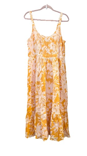 Gap Orange White Floral Cotton Tiered Midi Sleeveless Lined Sundress Size 14