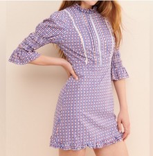 Laura Ashley Urban Outfitters Blue White Red Maisy Mock Neck Mini Dress Size XS