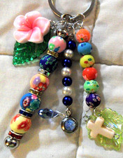 Colorful Key Chain -3 attached posts with Pink/peach Flower, Clay Floral beads