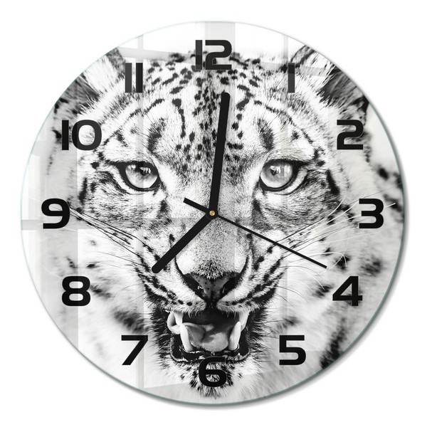 Runde Wanduhr Runde Glasuhr Aus Glas Schneeleopard Schwarze Zeiger Fi30 Cm-image