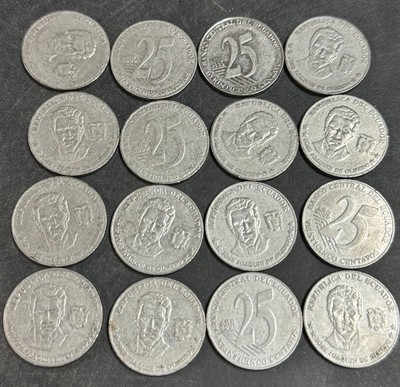 16 Ecuador 25 Centavos - 16 X Ecuadorian .25 Centavos. Vintage Old Rare Coins
