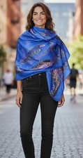"Llamativa bufanda cuadrada de 45"" de tela azul vintage Italia Franco Laurenti pavo real pájaro"