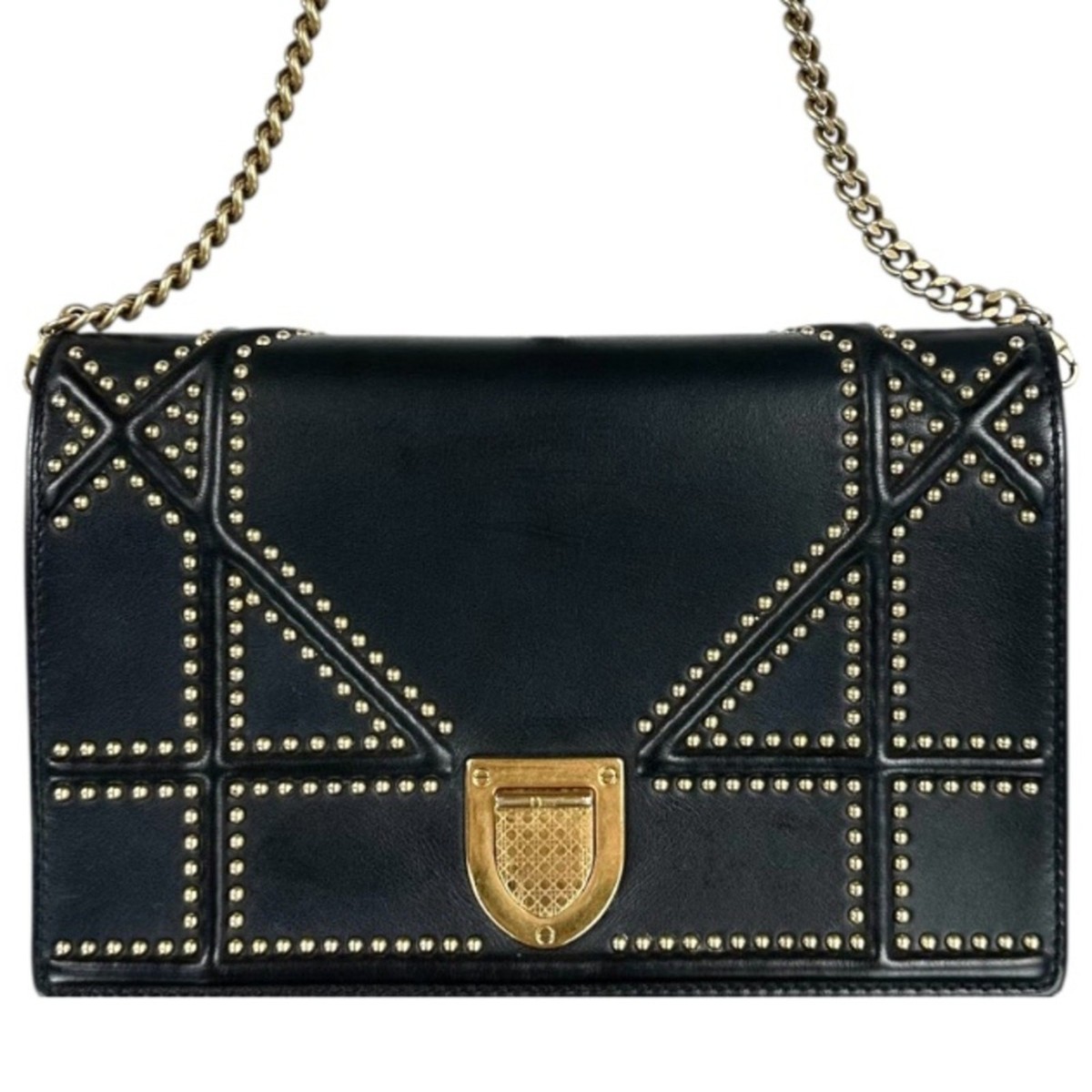 Christian Dior Diorama Studded Chain Strap Crossbody Black Leather