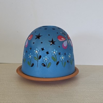 BUTTERFLIES Hand Painted Terracotta Domed Luminary Fairy Lamp 3.5  Starry Light