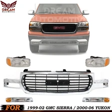 Front Grille Assembly Chrome & Headlight For 1999-02 GMC Sierra / 2000-06 Yukon