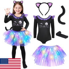 GIFTINBOX Light Up Black Cat Costume for Girls Halloween Animal Dress Up Set