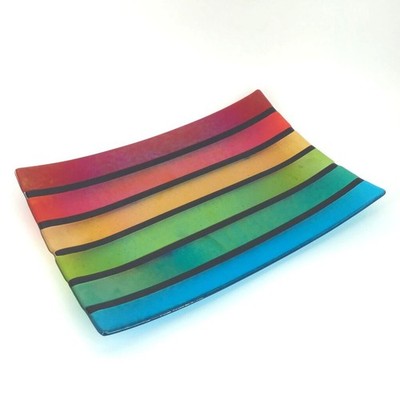 Chris Paulson Platter Fused Glass Footed Iridescent Rainbow Stripes 15.5'' L 2015