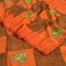 Sanskriti Vintage Saree Orange Pure Crepe Silk Floral Printed Sari 5 Yard Fabric