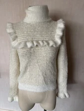 NWT Zara Cream Gold Foil Ruffle Stretchy Fitted Turtleneck Fuzzy Sweater-M-$118