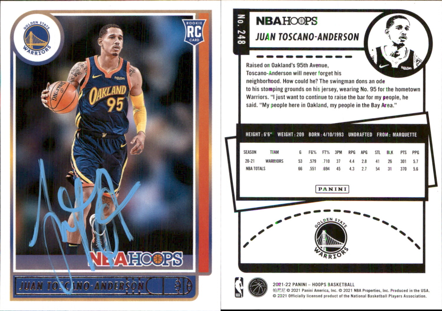 Juan Toscano-Anderson Signed 2021-22 Hoops #248 AU Golden State Warriors