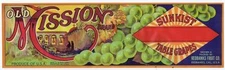 Old Mission Fruit Crate Label,  Sunkist Table Grapes, Redbanks California