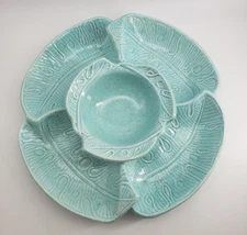 USA Pottery 298 Cal Style Teal Blue Leaf Pattern Chip and Dip 3pc Set
