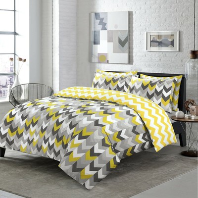 Nightcomfort Yellow Grey Geometric Chevron Duvet Cover Set With