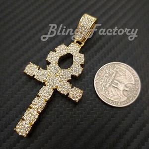 Authentic Hip Hop Iced Gold Plated Ankh Cross Pendant & 8mm 24" Thick Rope Chain Necklace 