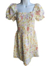 NWT Loft Gingham Floral Print Puff Sleeve Smocked Dress Size XS/S