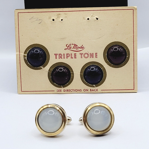 La Mode Round Gold Tone Red White Blue Lucite Insert Changeable Vtg Cufflinks - Picture 7 of 13