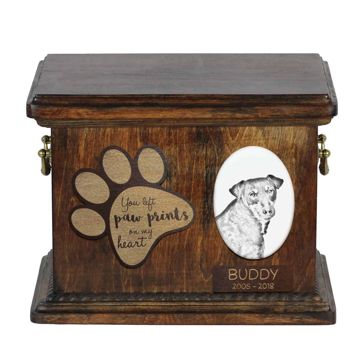Hunting Terrier Urn for Dog Ashes with Ceramic Plate and