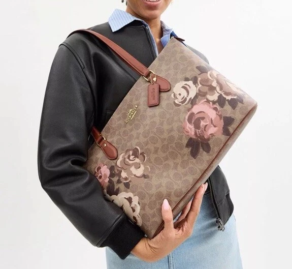 Borsa a tracolla Coach CZ180 Gallery Tote Bag firmata tela stampa rosa oro marrone nuova con etichette