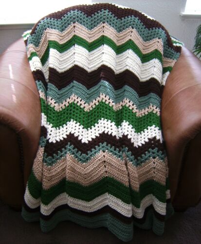 NEW HAND CROCHET GREEN BROWN MULTI COLOR RIPPLE AFGHAN LAP BLANKET THROW - Picture 3 of 6