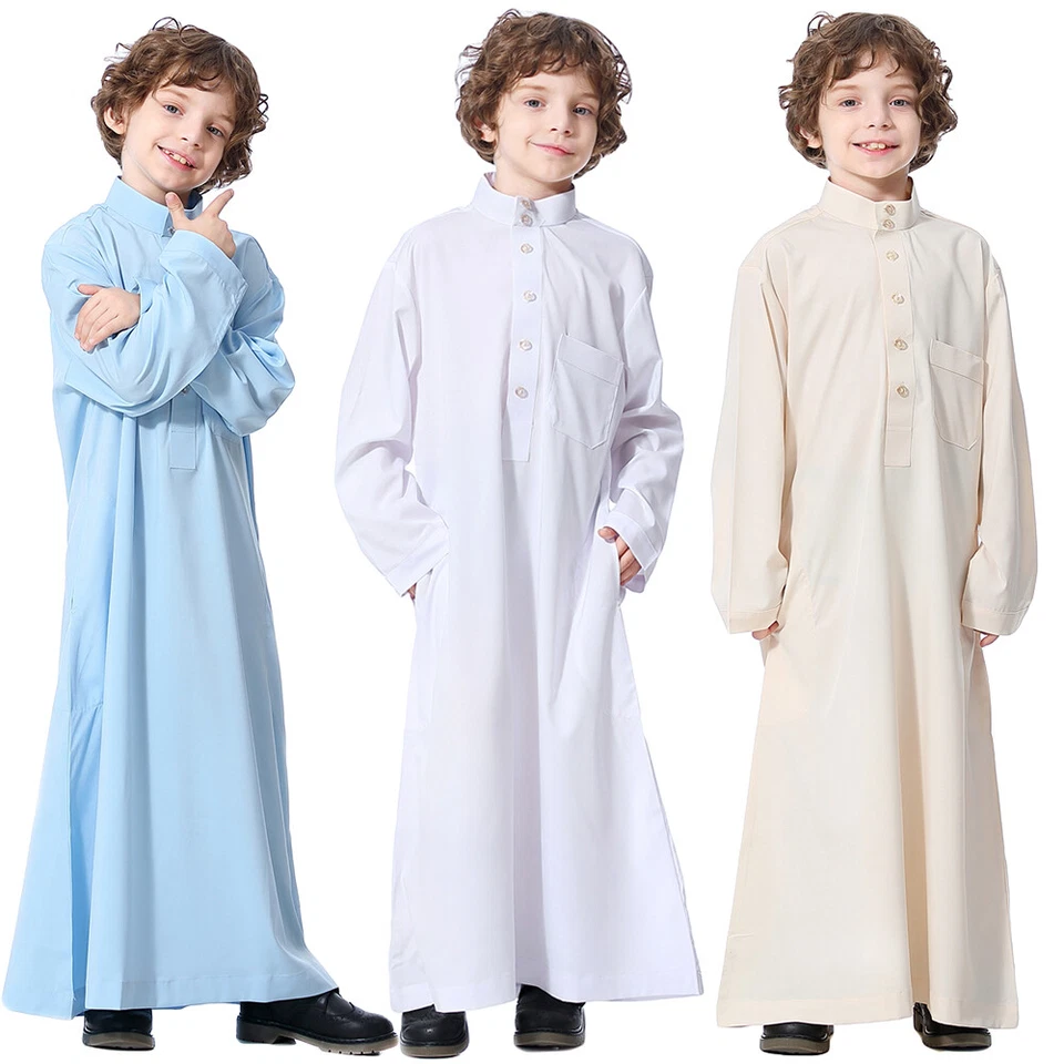Niños Niños Abaya Saudi Thobe Batas Islam Musulmán Jubba Vestido Árabe Largo Kaftan Foto 2 de 4