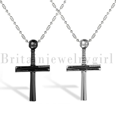 22'' Baseball Team Triple Bat Cross Pendant Steel Chain Necklace for Men Boys