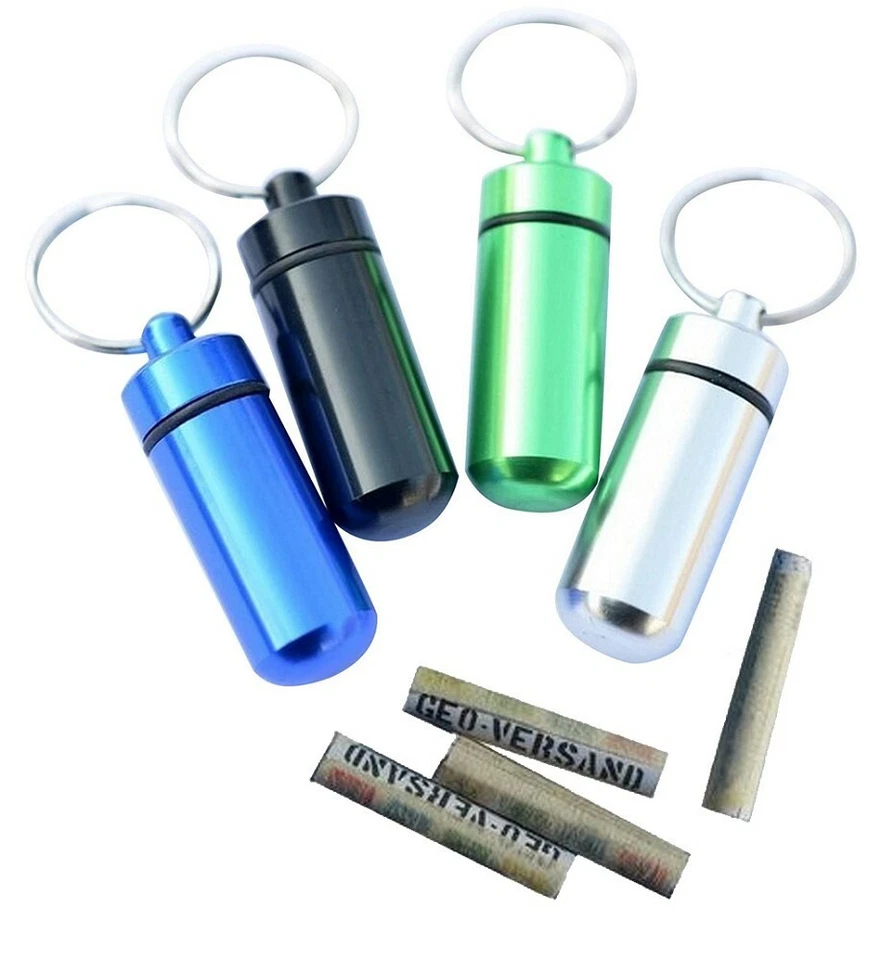 GEO-VERSAND 4 x MicNo Tube Geocache Escondite Metal Colgante Colgar Pastillas Viaje