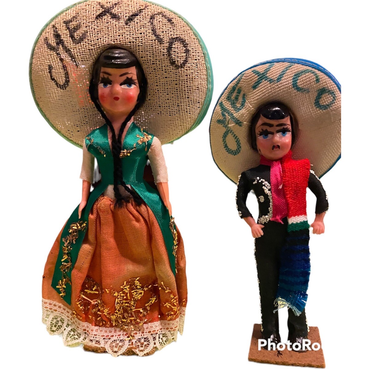 VINTAGE PAIR OF MEXICAN SOUVENIR DOLLS ON STANDS PAPER MACHE