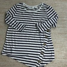 89th Madison Womens Blouse Shirt Small Navy White Stripe Button Detail