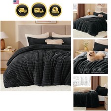 Fleece Queen Comforter Set, Fluffy Bed Set, Black