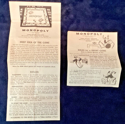 Vintage 1954 Monopoly Replacement Instructions - Standard Rules & Short Game Set