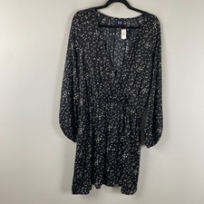 Gap Faux Wrap Mini Dress Size Large Black Confetti Long Sleeve V Neck