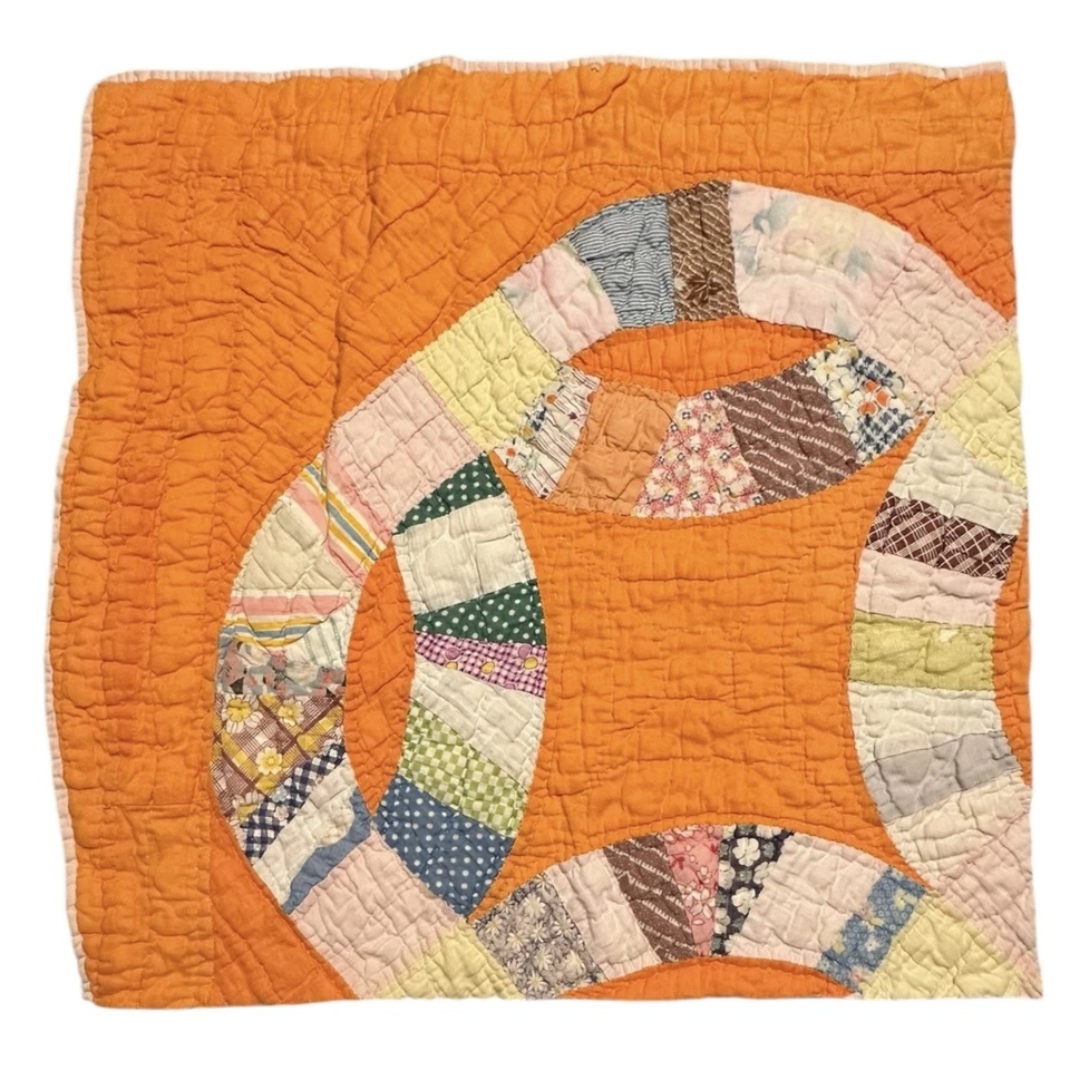 Pieza de edredón cortador vintage 19” x 19” doble anillo de boda patrón saco de alimentación #1 Foto 2 de 4