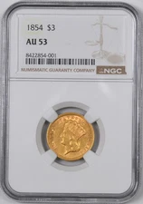 1854 Three Dollar Gold US Coin $3 / NGC AU53