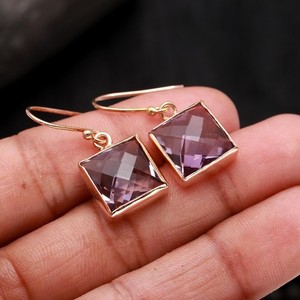 Authentic Nature Pink Amethyst Square Dangle Earrings Rose Gold Fill Solid Silver Jewelry