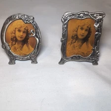 2x Vintage Miniature Pewter Art Deco MCM Picture Frames 3.5" Tall Easel Back