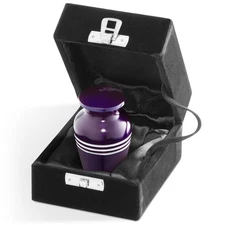 Small Keepsake Cremation Urn for Human Ashes, Purple Silver Striped Velvet Case