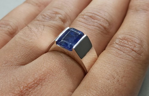Emerald Cut Natural Blue Sapphire Sterling Silver 925 Handmade Neelam Mens Ring - Picture 12 of 12