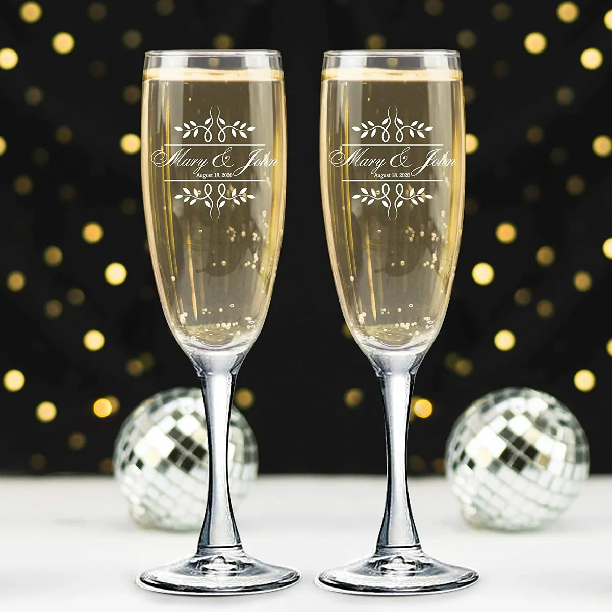 Bride &amp; Groom Date Flutes-Set of 2 Personalized Wedding Champagne Glass with box