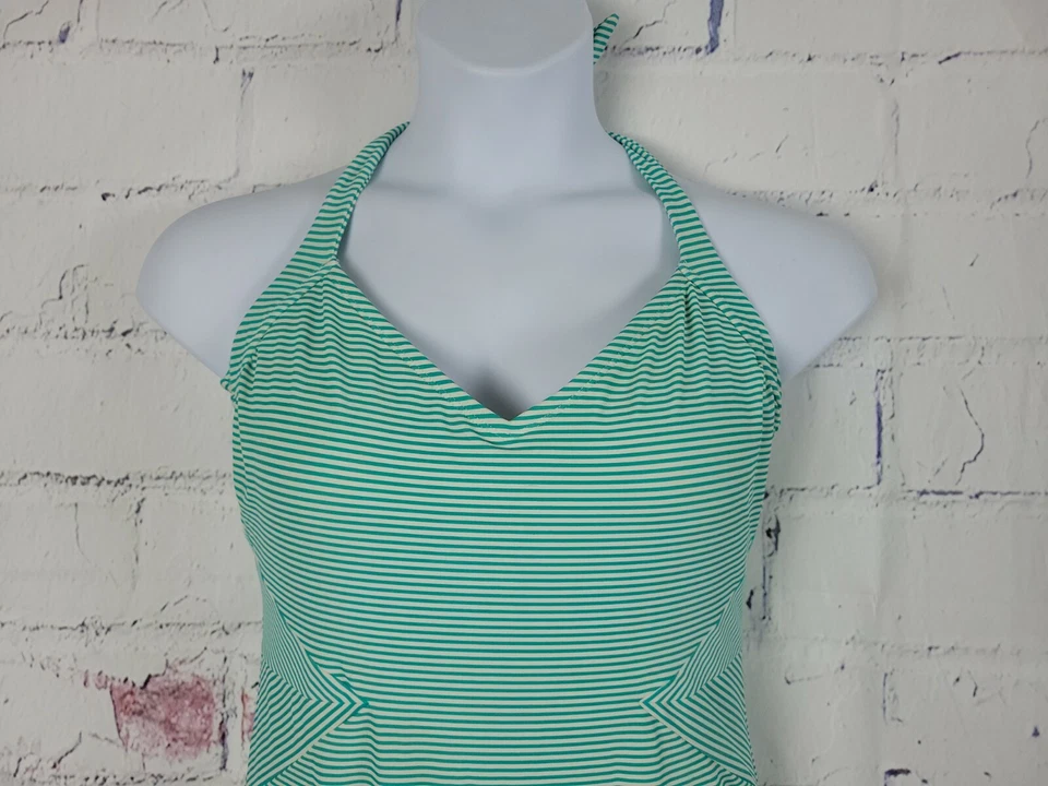 Traje de baño Merona de una pieza verde y blanco a rayas talla grande cuello en V corbata halter Foto 2 de 4