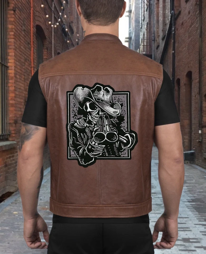 Shotgun Skull Patch 12.5" | Cowboy Skeleton Halfskull Embroidered Iron On Large  - Image 3 of 4