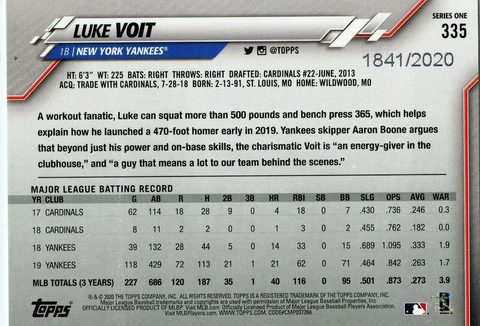  2020 Topps Gold #335 Luke Voit 1841/2020 - Image 2 of 2