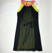 NWT T Tahari Sz 8 Black Frenchy Pleated Chiffon Sleeveless Tie Halter Dress Neon