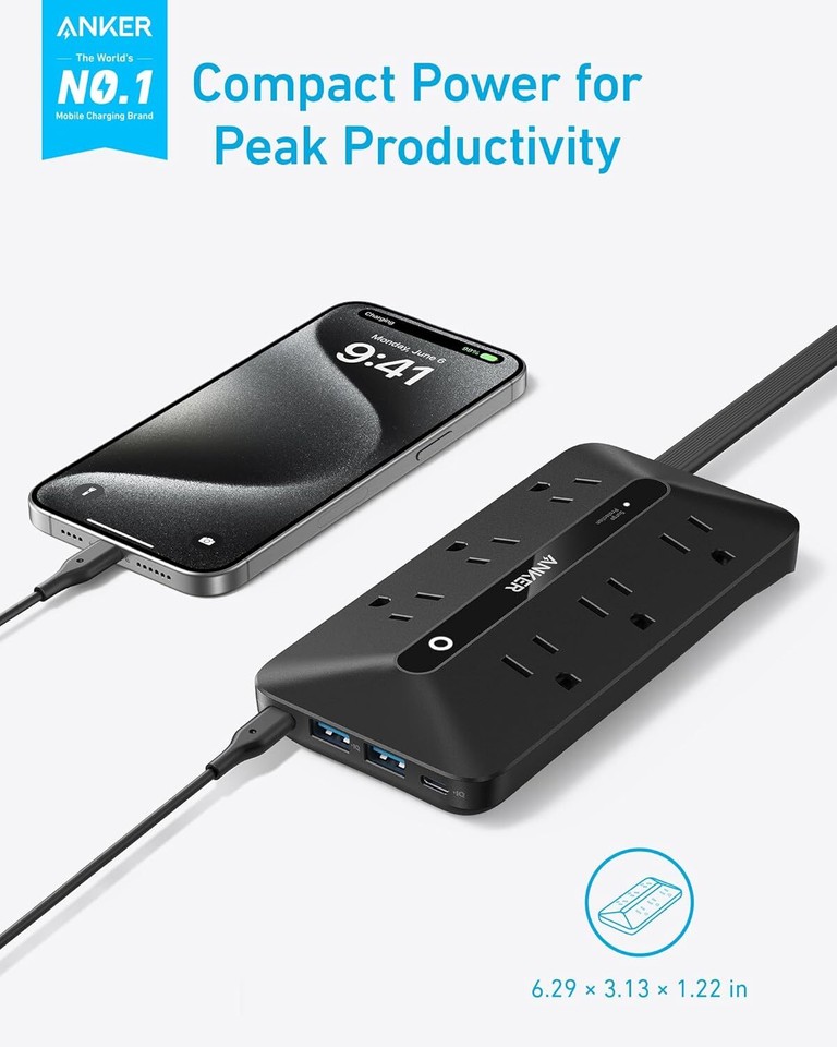 Anker 10-in-1 Flat Plug Power Strip 300J w/ 6 AC Outlet/2 USB/2 USB C ...